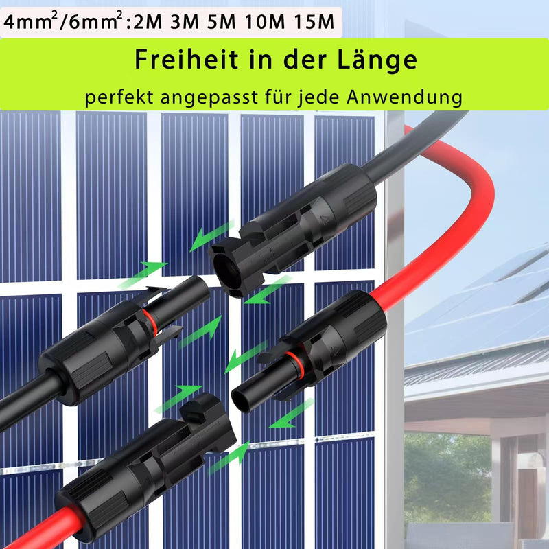 MXRPV Solar Cable 4 mm²/6 mm², Solar Cable Extension 2/3/5/10/15 m, Tool-Free Solar Extension Cable, PV Cable (6 mm², 5 m) 6mm²5m
