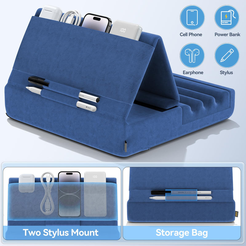 [AUSTRALIA] - KDD Tablet Pillow Holder, Foldable iPad Stand for Lap, Bed and Desk -Tablet Soft Pad Dock with Pocket & Stylus Mount Compatible with iPad Pro 12.9, 10.5, 9.7 Air Mini 6 5 4 3, Galaxy Tab,E-Reader Blue 