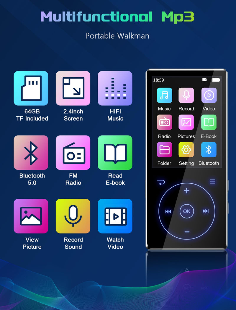 [AUSTRALIA] - 96GB MP3 Player with Bluetooth 5.0: Portable Lossless Sound Music Player with HD Speaker,2.4" Screen Voice Recorder,FM Radio,Touch Buttons,Support up to 64GB for Sport(Earphones&64GB TF Card Included) 