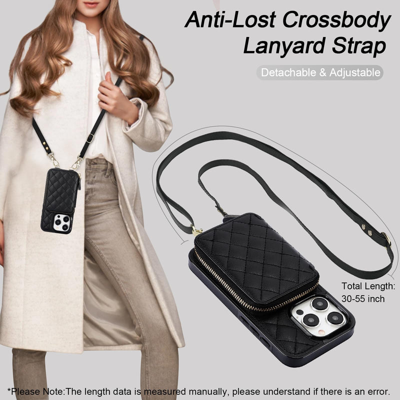 [AUSTRALIA] - Bocasal Crossbody Wallet Case for iPhone 15 Pro, RFID Blocking PU Leather Zipper Handbag Purse Flip Cover, Kickstand Folio Case with Card Slots Holder Wrist Strap Lanyard 5G 6.1 Inch (Black) Black 