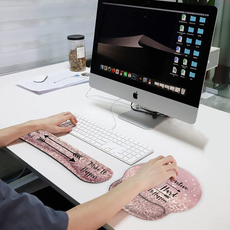 Ergonomic Mouse Pad Wrist Support Gel and Keyboard Wrist Rest Set for Laptop , Gaming and Office, Durable, Comfortable and Pain Relief + Coaster,Stay Positive Work Hard and Make It Happen Pink Glitter