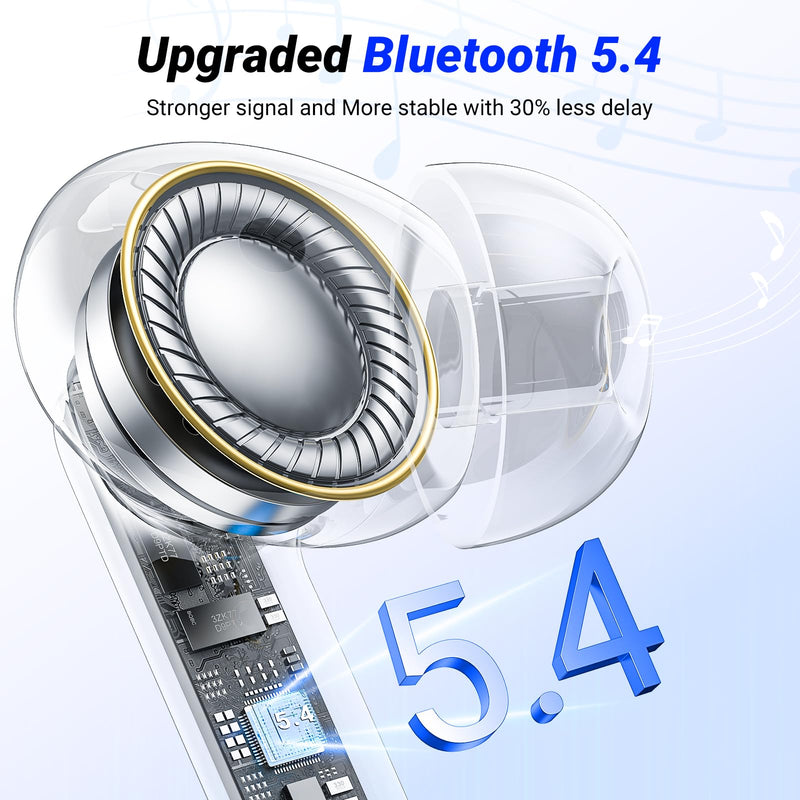 Wireless Earbuds, Bluetooth 5.4 ear buds with 4 ENC Noise Cancelling Mics, Bluetooth Earbuds with 48H Playtime, IPX7 Waterproof Workout earbuds, White headphones HiFi Sound LED Display for iOS Android
