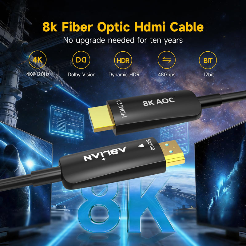 8K HDMI Cable 75 ft, Fiber Optic HDMI 2.1 Cable 48Gbps Support 8K@60Hz 4K@120Hz Ultra High Speed for Dynamic HDR/eARC/HDCP 2.3 for RTX3090 Xbox PS5 LG C9 CX Slim in-Wall Rated CL3 HDMI 2.1 Fiber 8K 75ft