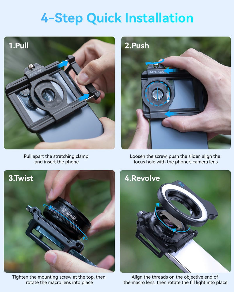 10-20X Zoom Macro Lens Kit with Fill Light for Smartphone | Macro Phone Lens with Universal Lens Clip, HD Macro Photography Lens for iPhone & Android Phone, Phone Macro Lens Attachment Blue