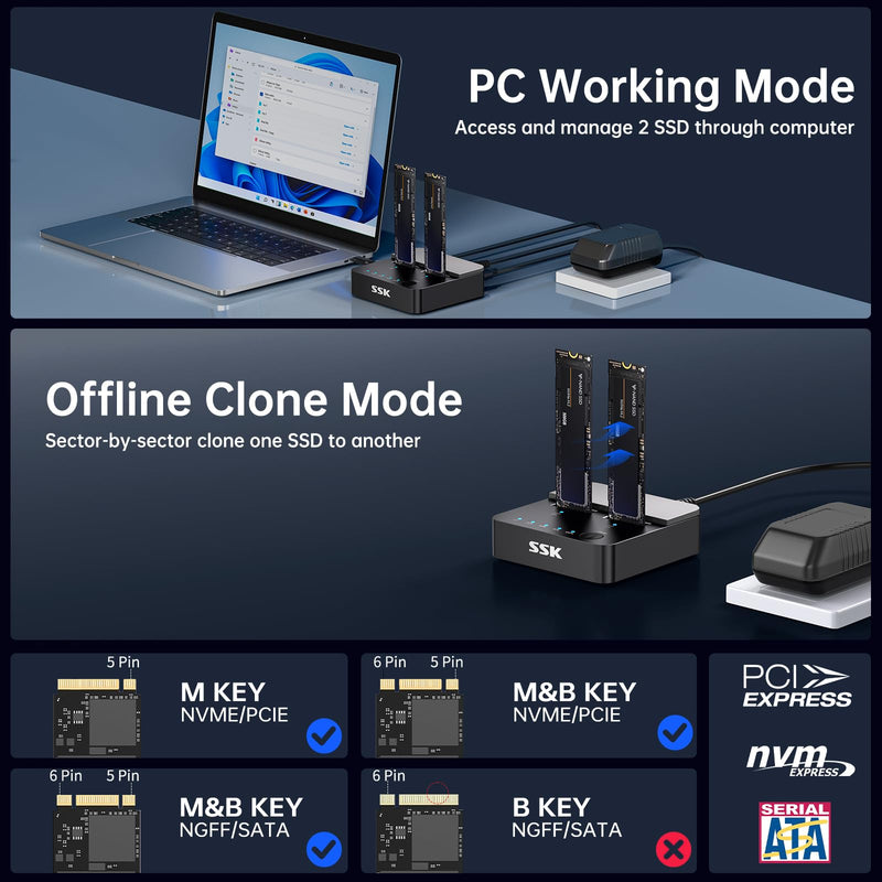 SSK NVMe & SATA SSD Cloner M.2 Duplicator Dual Bay Dock SSD to USB Adapter | For NVMe & SATA SSD, M Key/B+M Key, 10Gbps USB3.2 Gen 2, Offline Clone Duplicator, PCIe 3/4/5, Tool-Free, UASP Trim