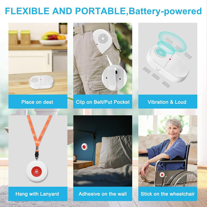 Caregiver Pager Wireless Call Button for Hard of Hearing Waterproof 500FT Vibration Nurse Calling Alert System for Home Elderly Monitoring Disabled/Patient/Seniors (2+2)
