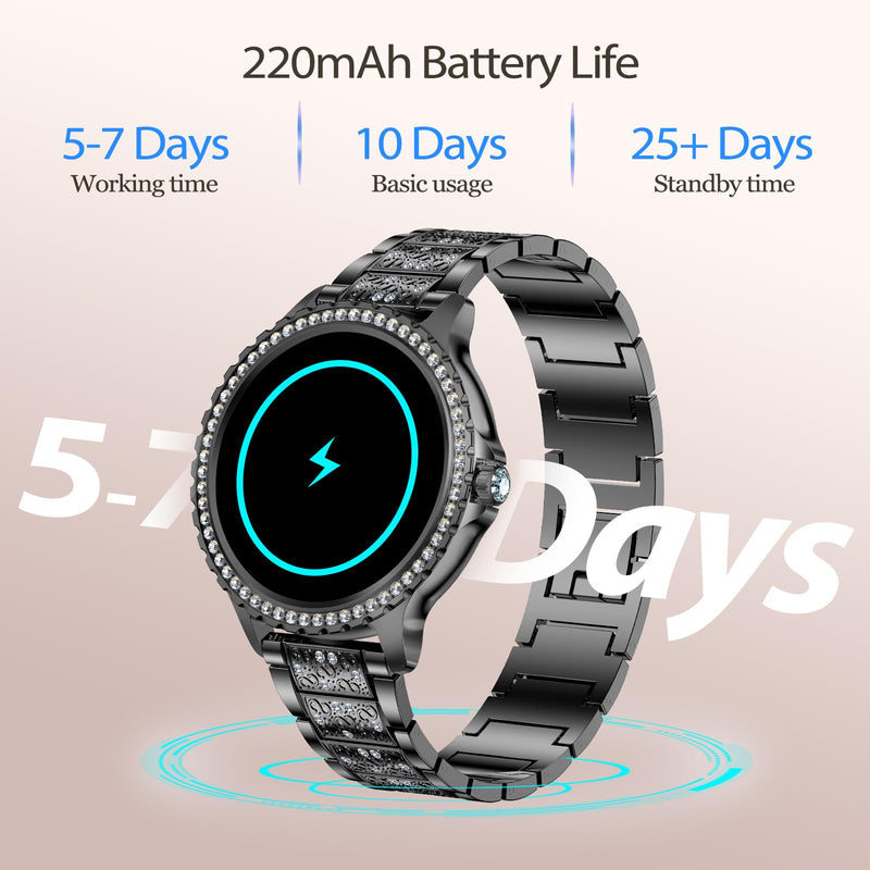 Smart Watch for Women with Diamonds, Bluetooth Calls, 1.32'' Full HD Screen Fitness Tracker with Multiple Sports Modes/Heart Rate/Sleep Monitor, IP68 Waterproof for Android iOS, Elegant Black
