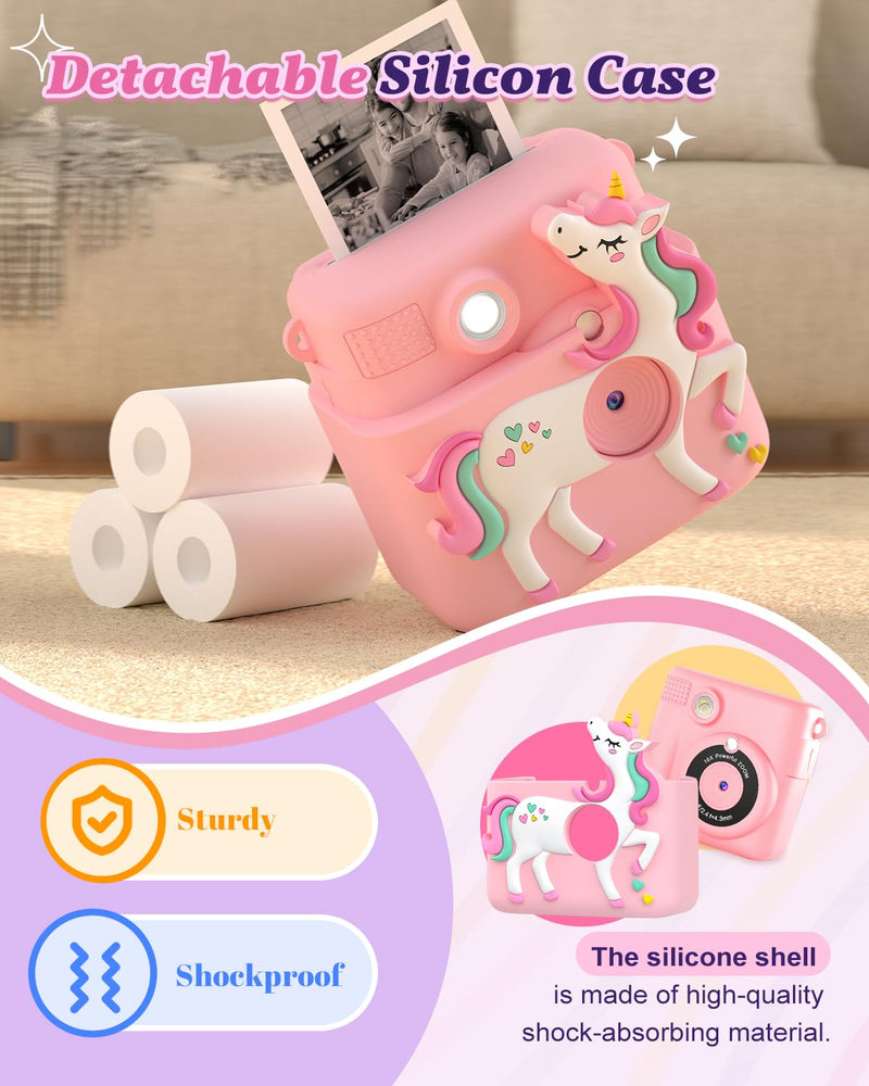 Kids Camera Instant Print, 1080P Cameras for Kids Girls Toys Age 6-8, Christmas Birthday Gift for 7 8 9 10 Year Old Girls, Kids Toys for Girls Age 3-12 with 3 Rolls Paper and a 32G Card-Pink Pink