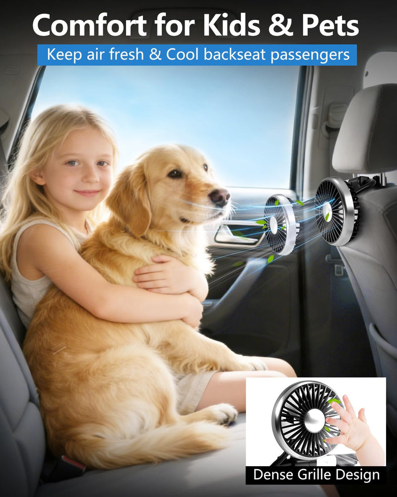 Dealswin Car Fans for Backseat Kids: USB Lightweight Dual Head Car Fan for Back Seat Baby Pets, 3 Speeds 360° Rotatable Fan for Car Powerful Car Cooling Fan Vehicle Headrest Fan for Sedan SUV RV Truck Black