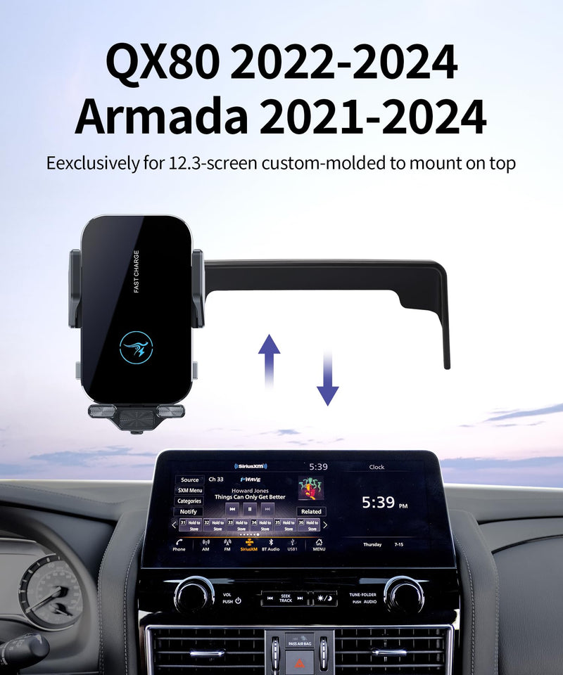Wireless Charger Car Phone Holder for Nissan Armada 2021-2024, 12.3" Screen | Infiniti QX80 2022-2024, Auto Clamp Cell Phone Mount Accessories 15W Qi Fast Charging Stand Compatible with iPhone Android