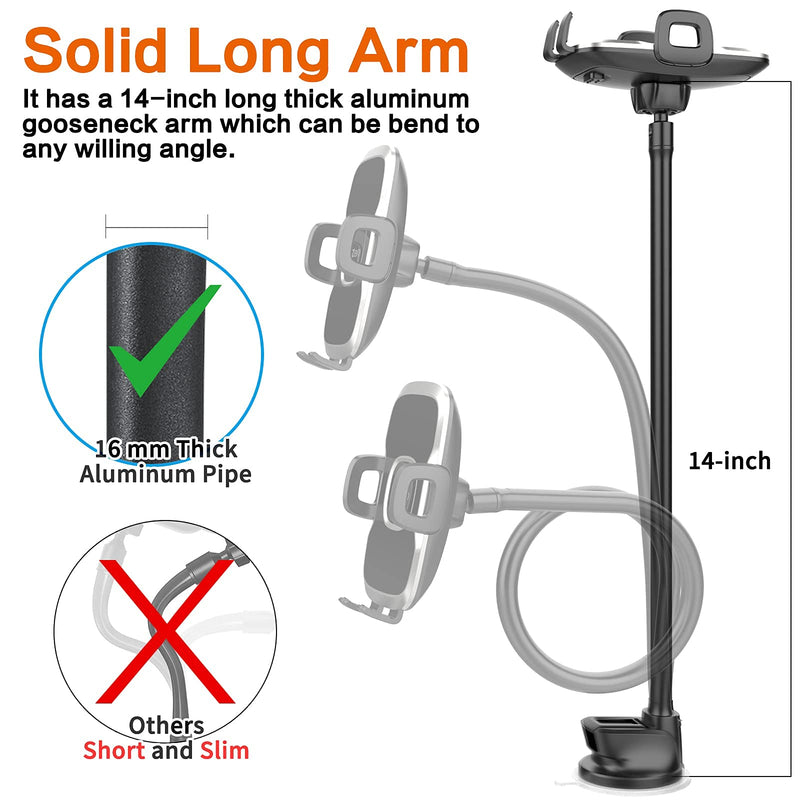 1Zero Solid Car Truck Phone Mount Holder with 14-Inch Gooseneck Long Arm, Windshield Window Mobile Holders w/Industrial-Strength Suction Cup, Anti-Shake Stabilizer Compatible All Cell Phones iPhone Black Mirror Surface with Silver Ring