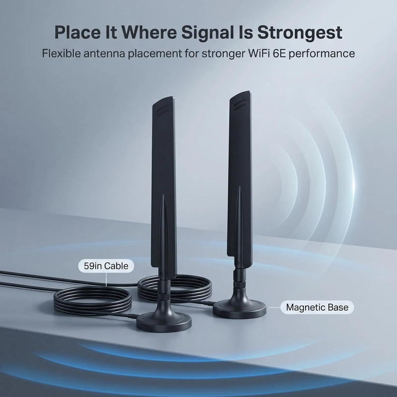 2-Pack 10dBi WiFi 6E Tri-Band Antenna RP-SMA – 6GHz/5GHz/2.4GHz High Gain Omni-Directional with Magnetic Base & 59in Extension Cable for PC, PCIe WiFi 6E Card, Router, Bluetooth RP-SMA Male（Inner hole) Magnetic