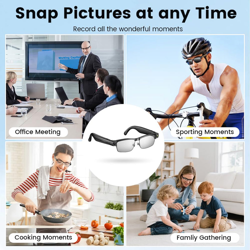 Smart Camera Glasses, Smart Glasses with Camera and Bluetooth 8MP HD Video Recording Anti-Shake 32G Support Chart GPT,WiFi,AI Voice Assistant,Translate,Music (Black Frame) Black Frame