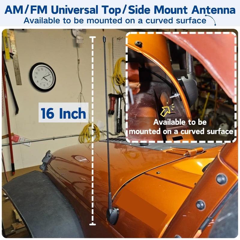 Anina 16 Inch AM/FM Universal Top/Side Mount Antenna for Vehicle Truck Boat ATV UTV RV Motorcycle, 16" Car Radio Aerial Replacement Mast w/Mount Base and Extension Cable for Stereo Receiver Head Unit