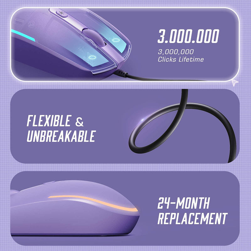 seenda Wired Mouse - USB Computer Mouse Wired with RGB Backlit Optical LED Mouse with Attached USB Cord for Laptops Notebooks Chromebook - Purple