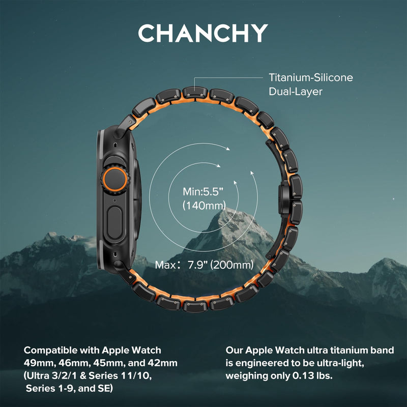 CHANCHY Titanium Silicone Band for Apple Watch Ultra 3/2/1 49/46/45/44mm | Luxury Apple Watch Bands Titanium Silicone Dual-Layer Link for Men Compatible with iWatch Series 11 10 9 8 7 6 5 4 SE 3 2 1 A-Titanium Edition, Black-Orange