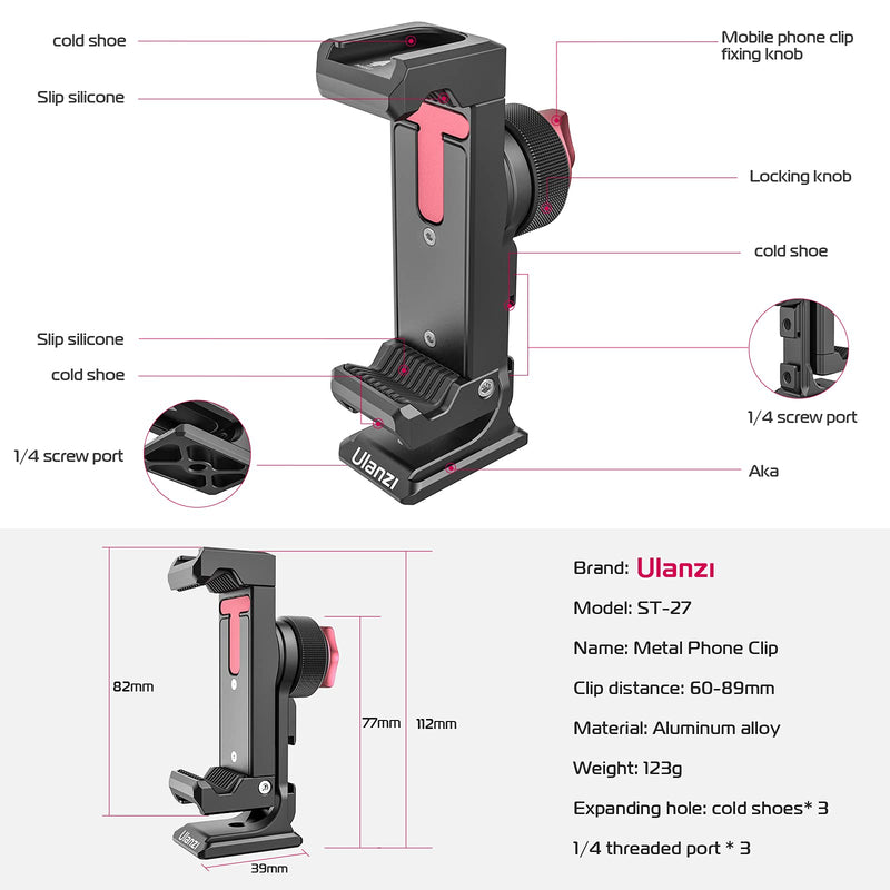 [AUSTRALIA] - Metal Phone Tripod Mount 3 Cold Shoes & Arca Port, 360° Smartphone Tripod Adapter for iPhone 17 16 15 Cell Phone Stand Holder for Desktop Video Live Streaming Vlogging Rig ST-27 