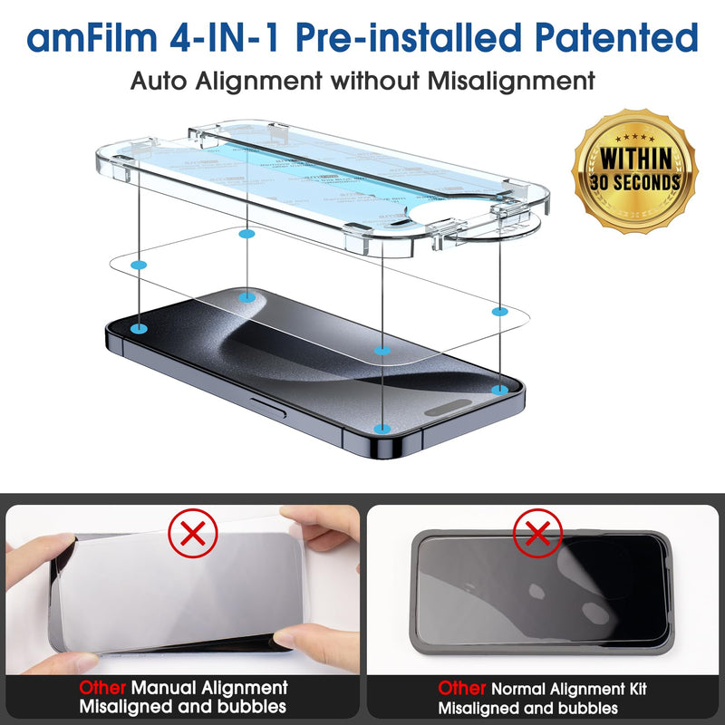 amFilm Easiest Installation OneTouch for iPhone 15 Pro Max Screen Protector [6.7 Inch] Tempered Glass + Camera Lens Protector, Auto-Alignment Tech, Bubble Free, Case Friendly, Anti-Scratch [2+2 Pack] 15P-6.7”