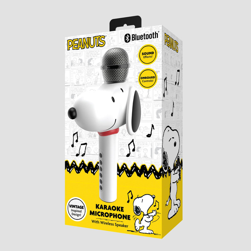 Peanuts Snoopy Bluetooth Karaoke Microphone – Wireless Speaker with Sound Effects, FM Radio, Onboard Controls & Rechargeable Battery – Vintage Inspired Design White