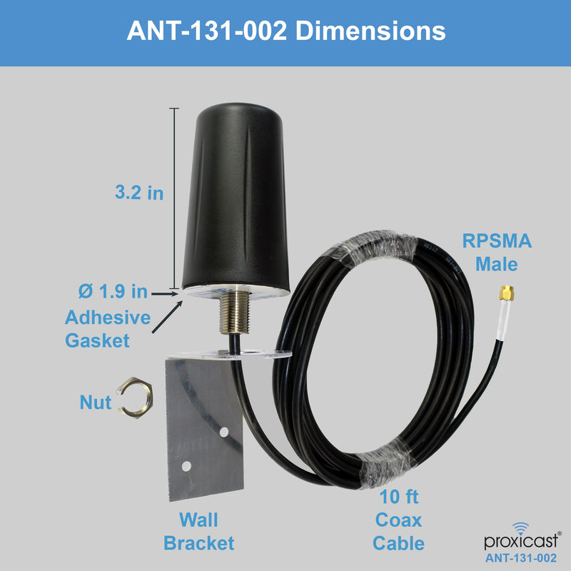 Proxicast Indoor/Outdoor Omnidirectional WiFi Antenna - Tri-Band 2.4/5.8/6 GHz - 3-5 dBi Gain - Vandal Resistant Low Profile Fixed Through-Hole Mount - 10 ft Coax Lead w/RP-SMA (ANT-131-002) Single Lead