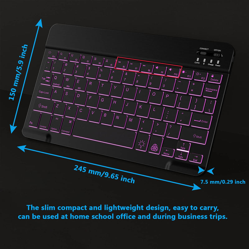 Backlit Bluetooth Keyboard Small Portable External Wireless Keyboard Cordless Rechargeable Illuminated for Android Tablet Cell Phone Smartphone iPad Pro Air Mini iPhone Windows Surface (Black) Black