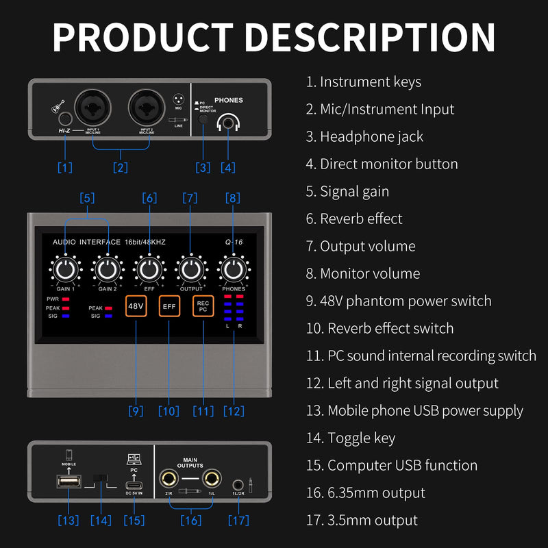 XTUGA USB Audio Interface for PC with Touch Model 16 bit/48 kHz, DSP Effect, 48V Phantom Power XLR Audio Interface for Recording Music, Live Streaming, Q-16