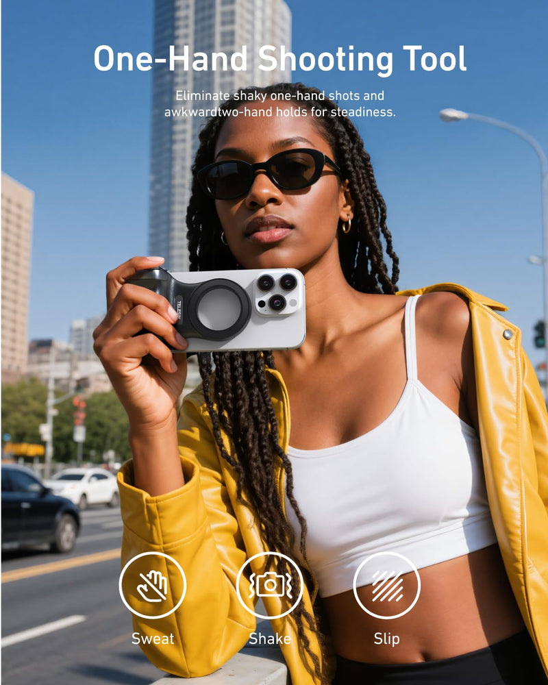 [AUSTRALIA] - TELESIN Fun Shot Magnetic Phone Camera DSLR Style Shutter Grip for Magsafe iPhone & Android with Detachable Wireless Shutter Button - Official Grip -Comfort Ergonomic Phone Grip Handle Holder(B) Black 