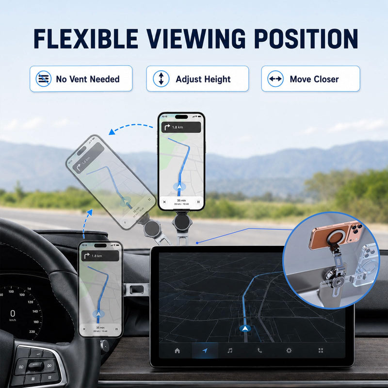 Vacuum Suction Magnetic Car Phone Mount, 360° Rotating Extendable Multi-Axis Arm for Dashboard & Windshield, Compatible with MagSafe iPhone Models and Magnetic Cases, Metal Ring Included