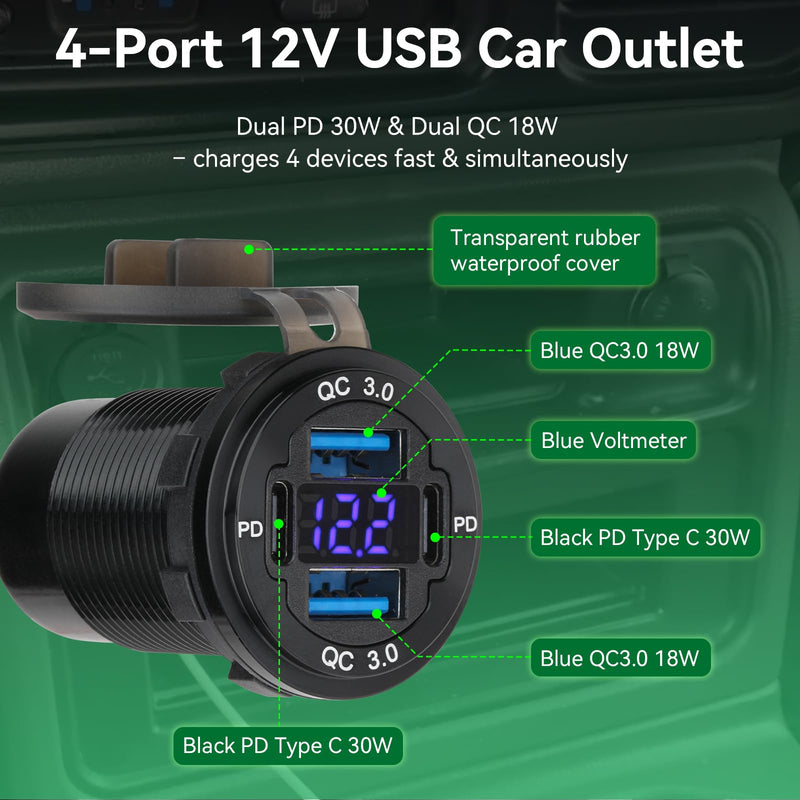2 Pack 12V USB Outlet 4-Port, 78W Dual PD30W & QC3.0 Fast Charger | Waterproof Aluminum Alloy 12v power outlet with Blue Voltmeter for Cars RVs Boats Golf Carts Trucks Motorcycles 2 pack