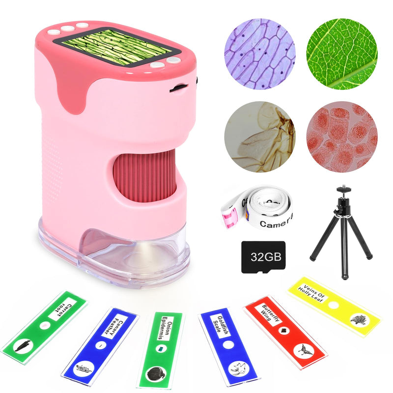 Handheld Digital Microscope for Kids with 2'' HD Screen, 200~1000X Pocket Microscope, Starter Kit with 6 Random Specimen Slides and 32G SD Card Included, Educational Gift for Children Age 6+ (Pink) Pink
