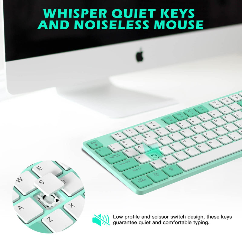POWZAN Wireless Keyboard and Mouse, Ultra Slim Compact Full Size Wireless Keyboard and Mouse Combo 2.4G Ultra-Thin Sleek Design for Windows, Mac, Computer, Desktop, PC, Notebook - (Green White) Green White