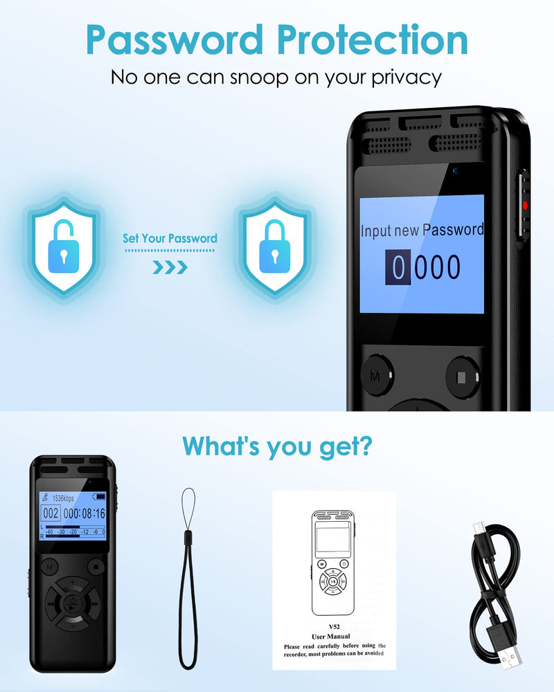 64GB Digital Voice Recorder, Wevoor Voice Activated Recorder with 560mAh Large Capacity Battery, Professional Recording Device with Playback, Password, Timed recording, Repeat, Variable Speed Playback