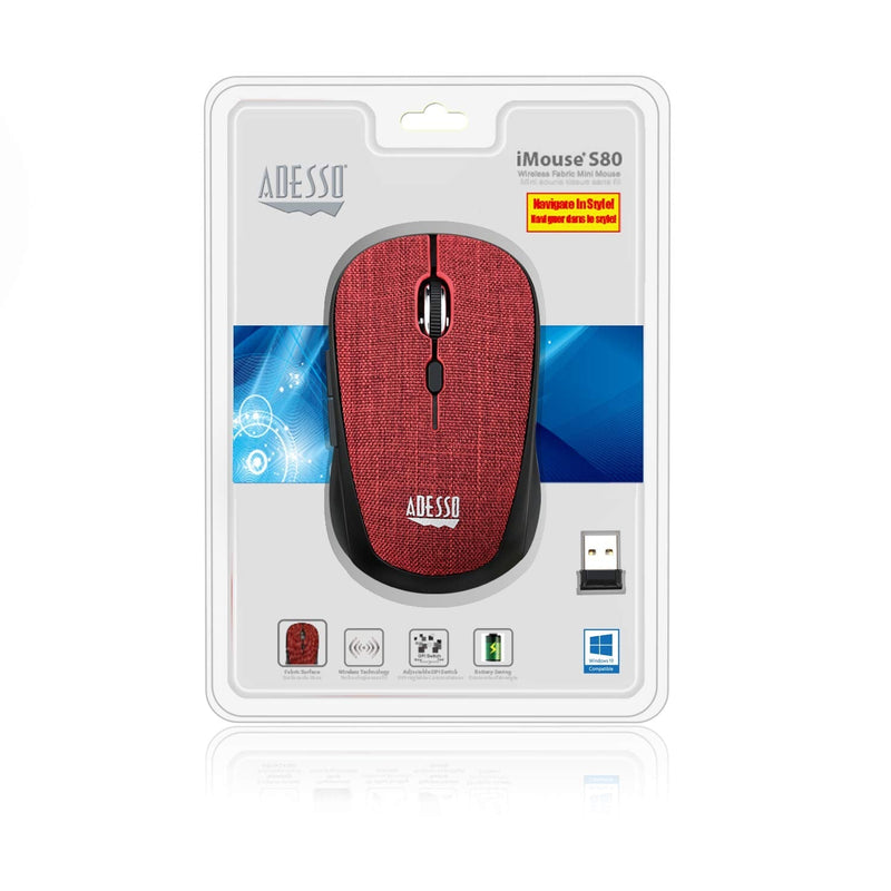 Adesso iMouse S80R 2.4Ghz Fabric Wireless Red Fabric Mini Optical Mouse, 5-Button, Red