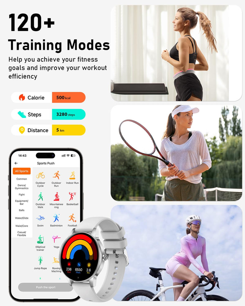 Smart Watches for Women, 1.27'' TFT Fitness Watch With Bluetooth Answer/Make Call,24H Heart Rate/SpO2/Sleep Monitor/Menstrual Cycle/120+ Sports Fitness Tracker for iPhone Android iOS(4 Straps,Silver) Silver