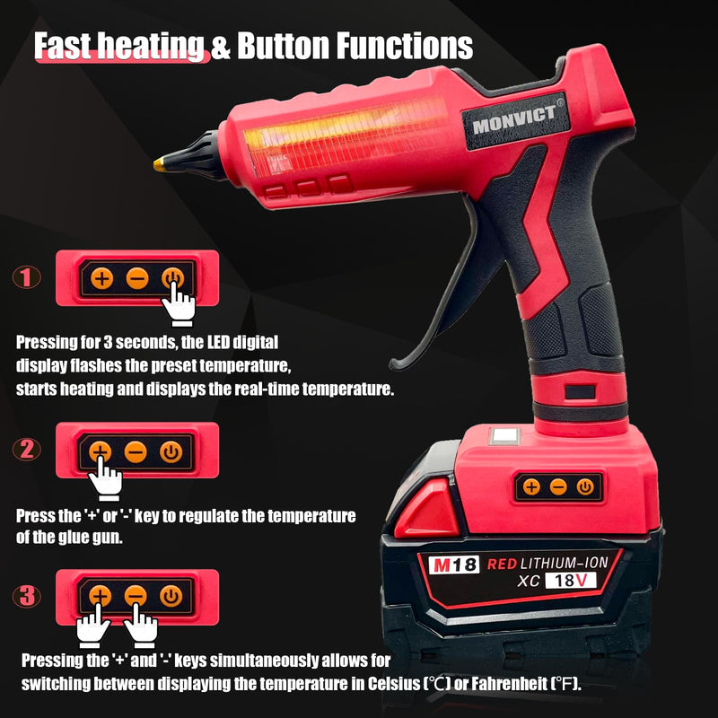 [AUSTRALIA] - MONVICT 100W Cordless Glue Gun for Milwaukee 18V Battery, Upgraded Digital Temperature Adjustable Handheld Electric Power Full Size Heavy Duty Hot Glue Gun with 10 Glue Sticks (Tools only) 810-MI 