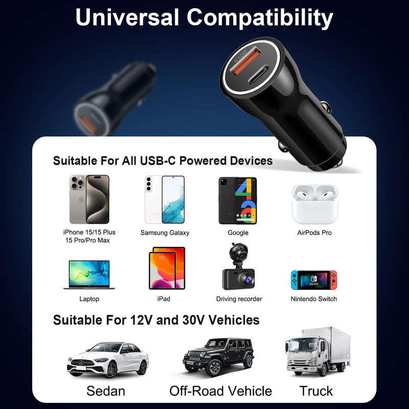 iPhone 16 15 Car Charger, [Apple MFi Certified] USB C Car Charger 43W Fast Charging with 3.3 FT USB C to USB C Cable, PD USB-C & QC 3.0 USB Car Adapter for iPhone 16 15 Pro Max Plus Black 1 Pack
