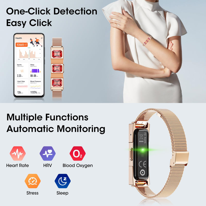 Women's Smart Bracelet with 2 Bands, Health Fitness Tracker, 24/7 Heart Rate/Blood Oxygen/HRV/Sleep Monitor, Fashion Ruby Wristband with Message/Call Reminder Free Subscription gold
