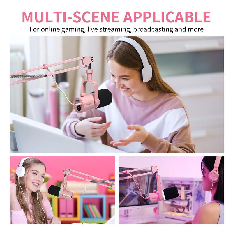FEELWORLD AMS1 Microphone Boom Arm, Adjustable Mic Arm Stand with 3/8” to 5/8” Screw, Compatible with PM1 and other Mics for Podcast Straming Gaming Studio （Pink) Pink