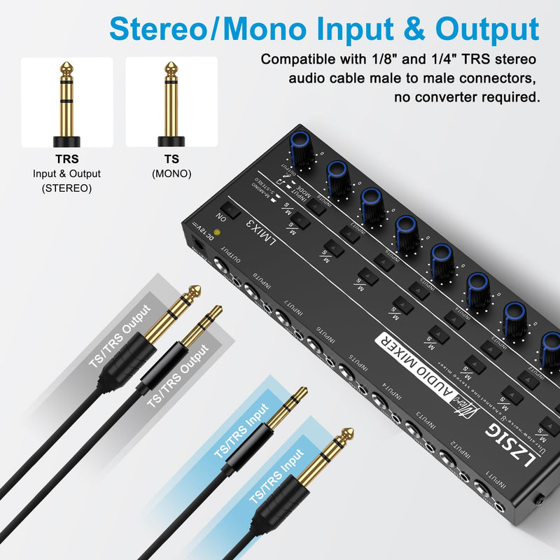 LZSIG Audio Mixer, Stereo Line Mixer for Sub-Mixing, Ultra Low-Noise, 8-Channel, Dynamic Microphone Independent Control, 1/4" & 1/8" TRS Output and Input, for Guitars,Bass,Keyboards Large(8-channel)