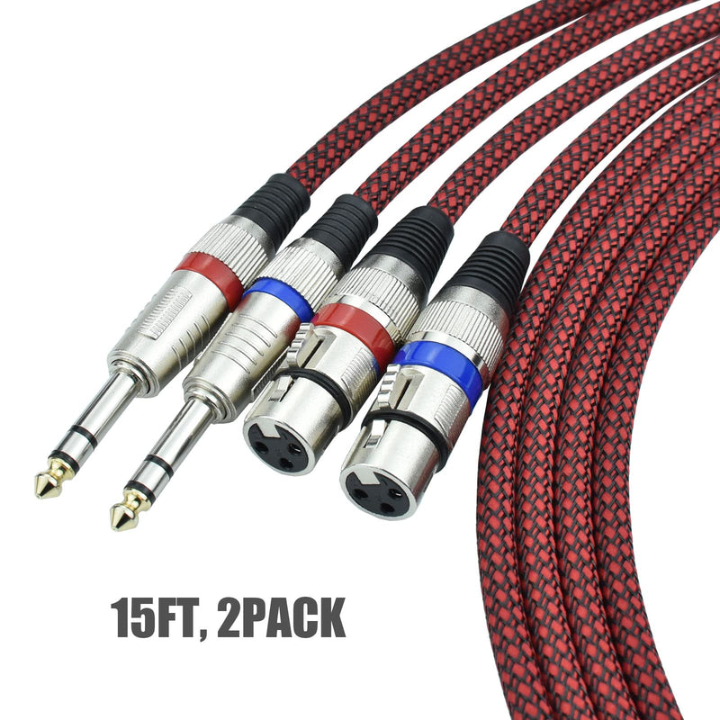 XLR Female to 1/4" TRS Cable Adapter Balanced, 15 Feet 6.35 mm Stereo Quarter Inch TRS to XLR Microphone Cable, Nylon Braided, OFC Shielded, Red Color, for Mic/Speaker/Mixer - 2Pack 15Feet, 2Pack