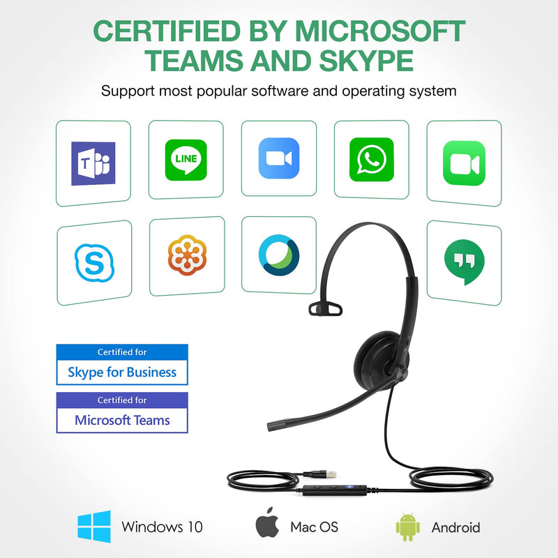 Yealink UH34 USB Headset with Mic, Single Ear Wired Headphones with Noise Cancelling Microphones, Professional Work Headphones VoIP Phone Computer Call Center Office,Ultra Light Mono