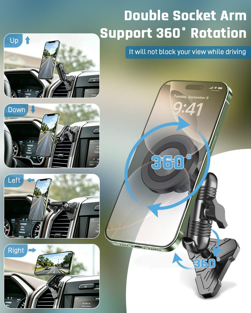 Car Vent Phone Holder for Ford F150 2015-2020 & Super Duty 2017-2021 | Expedition 2018-2021, CNC-Machined Alloy Air Vent Mount with Magnetic and Spring Clamp Heads, 360° Adjustable Truck Bracket