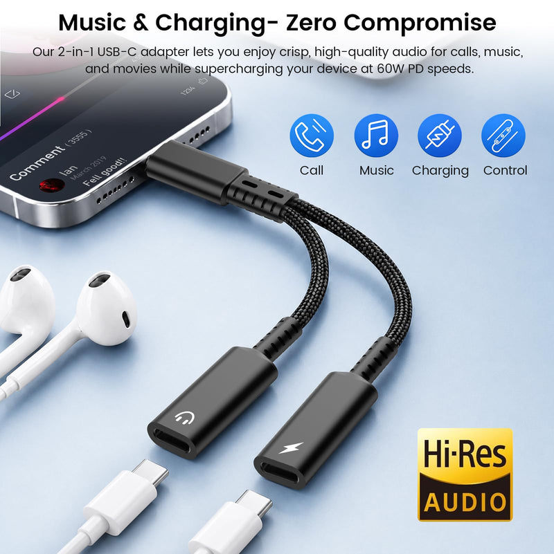 USB C Splitter 1 in 2 Out, Dual USB C Headphone and Charger Adapter, Type C Audio Jack Dongle with PD 60W Fast Charging Cable for iPhone 17 16 15 Pro Max, iPad, Samsung Galaxy S25 S24 Ultra More USBC