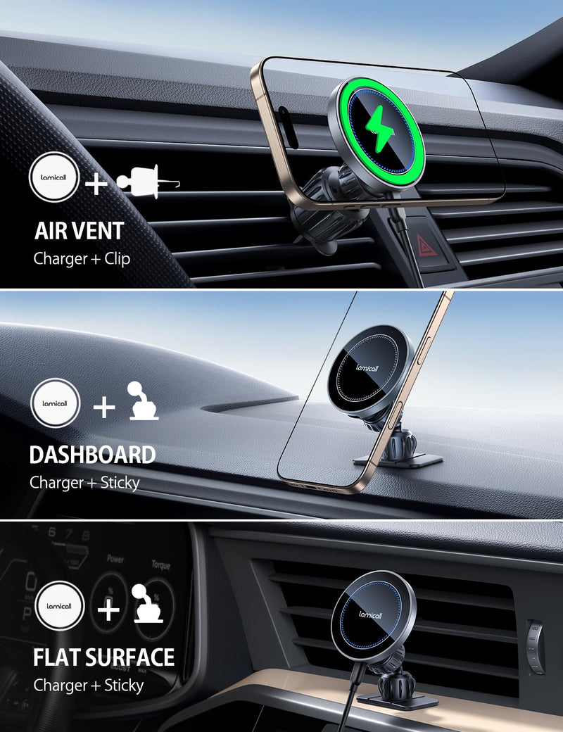 Lamicall 15W for MagSafe Car Mount Charger Vent Dashboard 360° for iPhone | 20x Strong Magnets Wireless Car Phone Holder Charger Phone Holder Accessories for Women Men for iPhone 17 16 Pro Max Silver NEW Upgraded - Silver