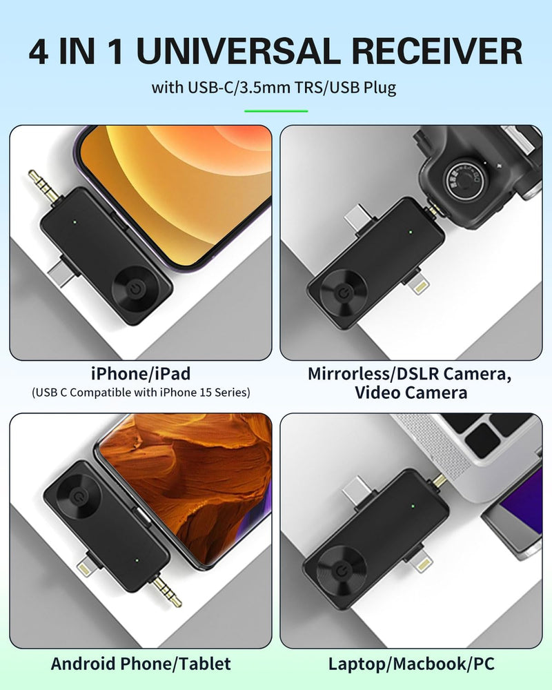 [AUSTRALIA] - Mini Microphone for iPhone Android Camera iPad USB-C, 4 in 1 Professional Wireless Lavalier Lapel Microphone for Recording, Live Stream, YouTube, Facebook, TikTok, Vlog (2 Pcs) 