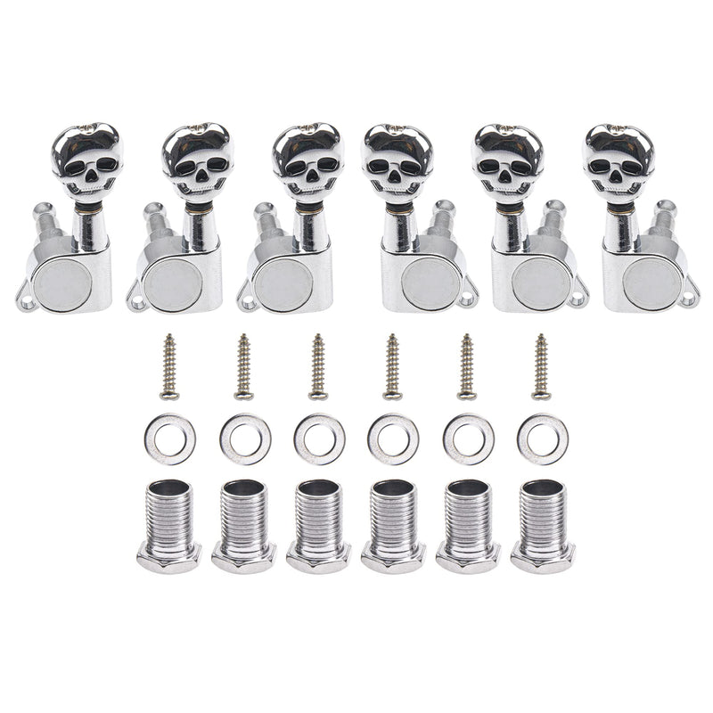 6Pcs Yootones 3L3R Skull Guitar Sealed-gear Tuning Pegs Machine Head Knobs Machine Head Tuners Compatible with Electric Guitar Acoustic Guitar Parts (Silver)