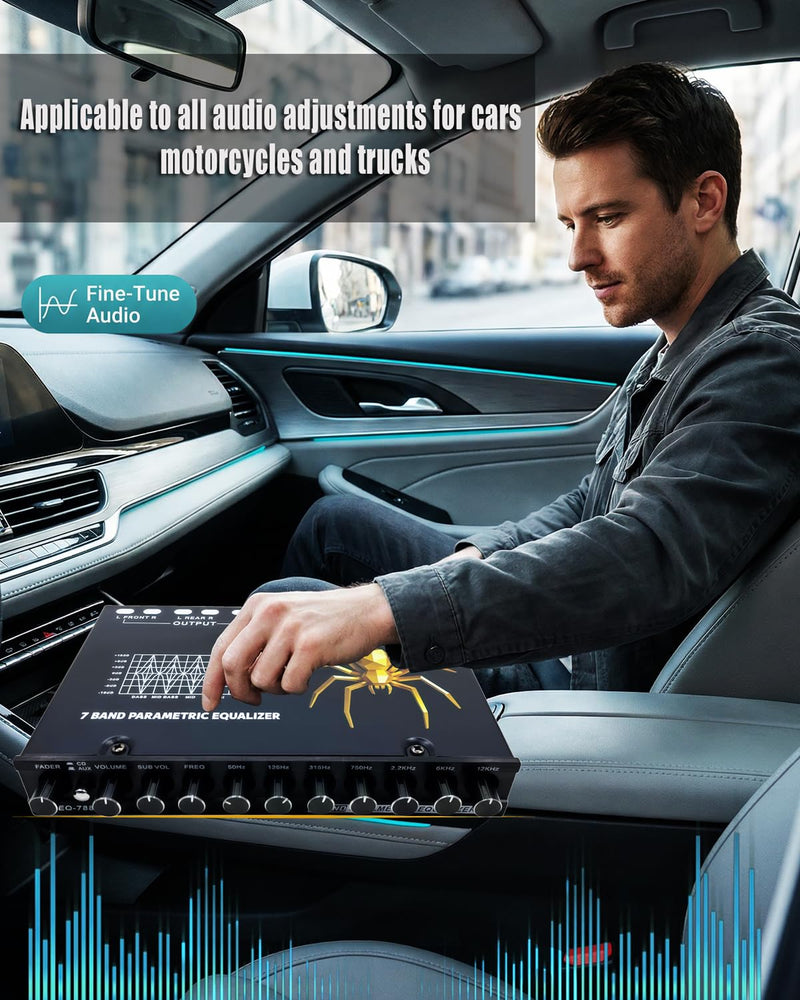 7 Band Car Audio Equalizer, 7 Bands EQ Car Amplifier Graphic Equalizer W/Front, Rear + Sub Output, CD/AUX in Select Switch，Adjustable Audio Output for Car, Boat