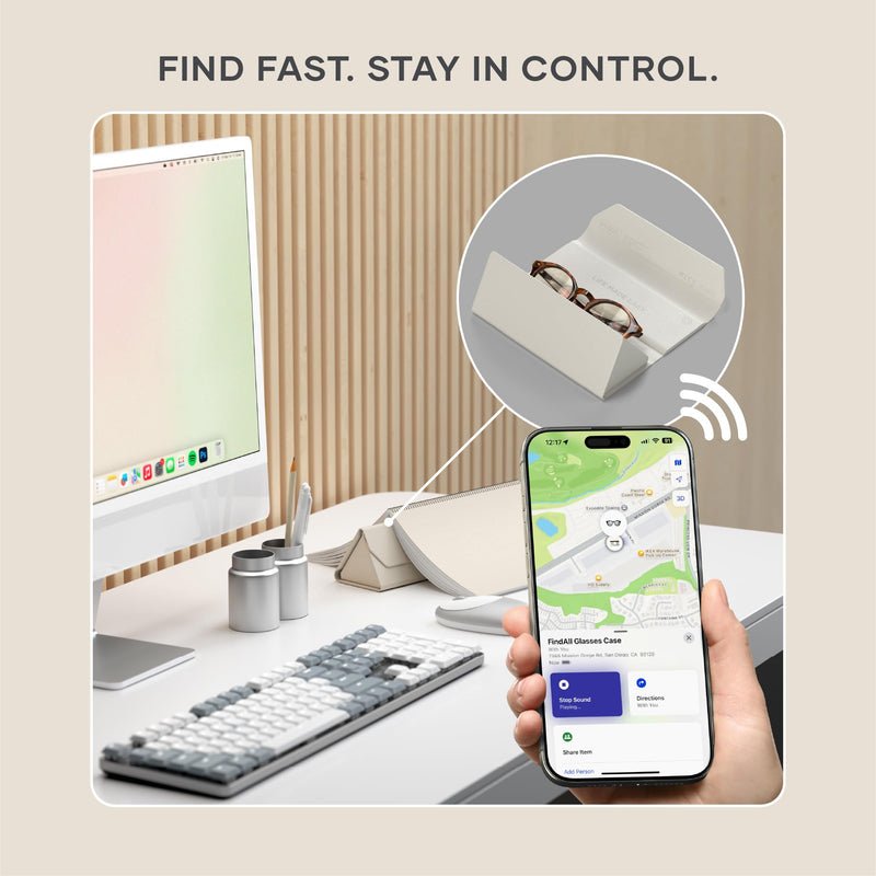 Satechi FindAll Smart Glasses Case with Find My, Foldable & Portable, Wireless Rechargeable, Loud Audible Left-Behind Alerts Sand
