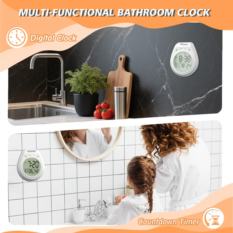 Shower Clock Waterproof Bathroom Timer, Kitchen Wall Clock with Countdown, Temperature, Suction Cup, Battery Operated Digital Clock for Bath, Cook