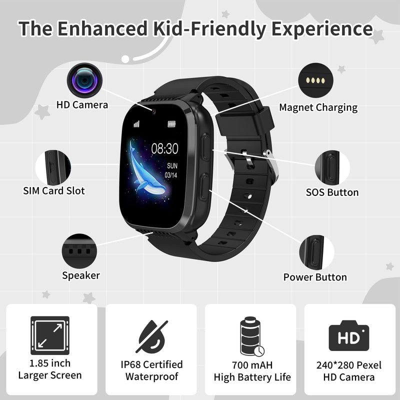 4G Kids Smart Watch Boys with GPS Tracker Video Calling Texting, Waterproof Smartwatches Age 5-13, One-Key SOS Call Voice Chat Cell Phone Watch with Alarm Clock Game HD Camera (Black) Black